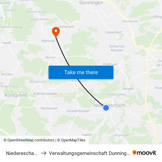 Niedereschach to Verwaltungsgemeinschaft Dunningen map