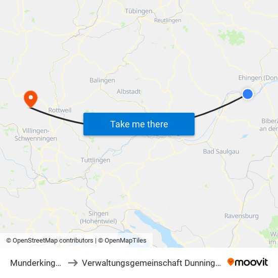 Munderkingen to Verwaltungsgemeinschaft Dunningen map