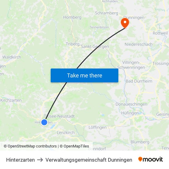 Hinterzarten to Verwaltungsgemeinschaft Dunningen map