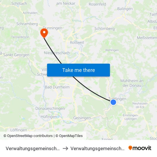 Verwaltungsgemeinschaft Tuttlingen to Verwaltungsgemeinschaft Dunningen map