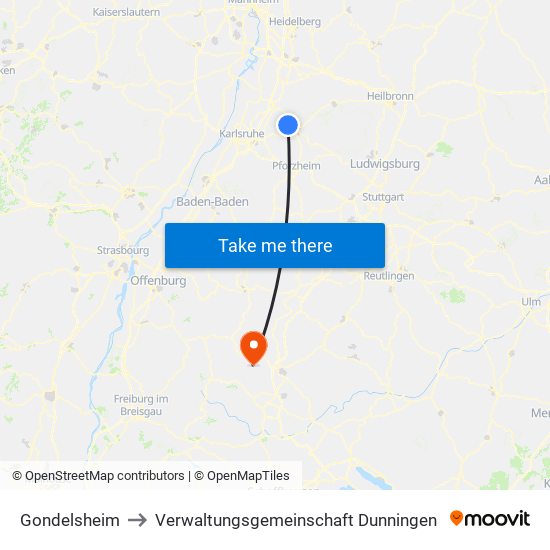 Gondelsheim to Verwaltungsgemeinschaft Dunningen map
