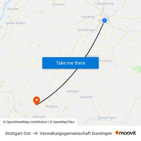 Stuttgart-Ost to Verwaltungsgemeinschaft Dunningen map