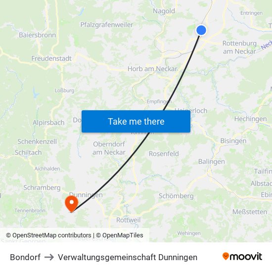 Bondorf to Verwaltungsgemeinschaft Dunningen map