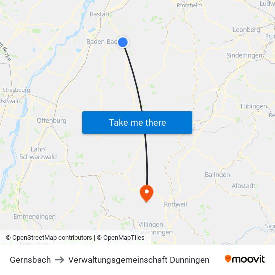 Gernsbach to Verwaltungsgemeinschaft Dunningen map