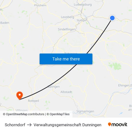 Schorndorf to Verwaltungsgemeinschaft Dunningen map