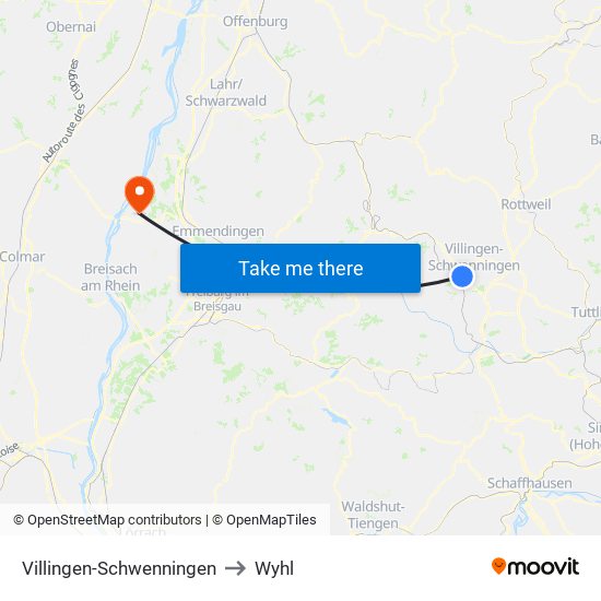 Villingen-Schwenningen to Wyhl map