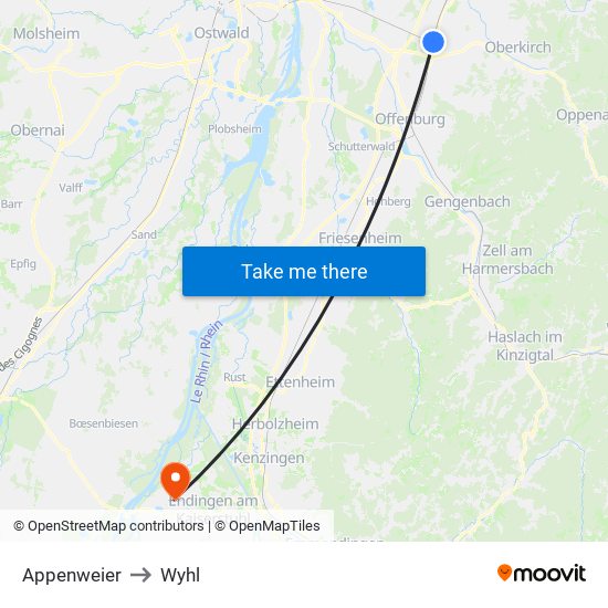 Appenweier to Wyhl map