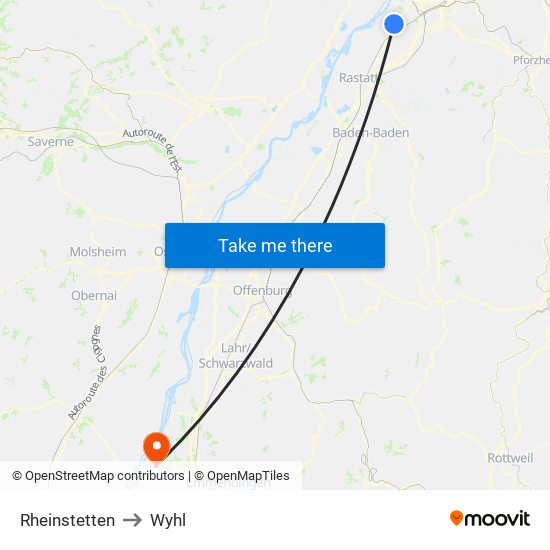 Rheinstetten to Wyhl map