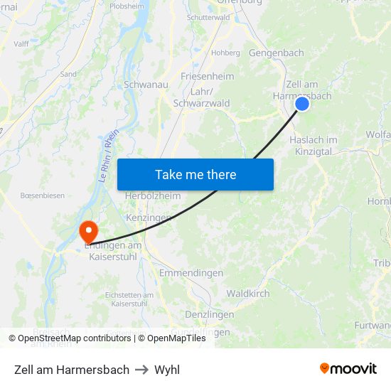 Zell am Harmersbach to Wyhl map