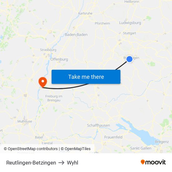 Reutlingen-Betzingen to Wyhl map
