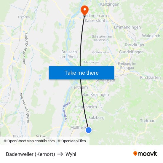 Badenweiler (Kernort) to Wyhl map
