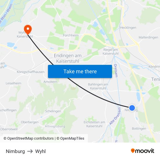 Nimburg to Wyhl map