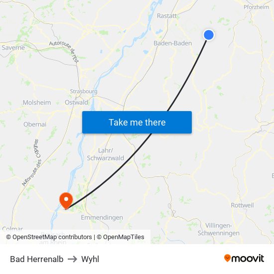 Bad Herrenalb to Wyhl map