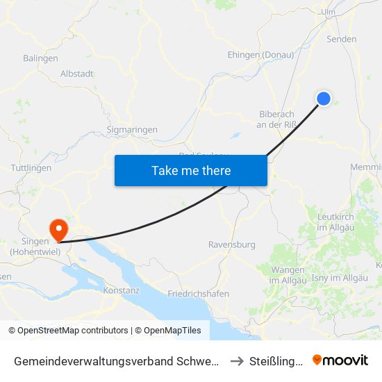 Gemeindeverwaltungsverband Schwendi to Steißlingen map