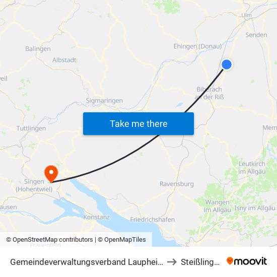 Gemeindeverwaltungsverband Laupheim to Steißlingen map