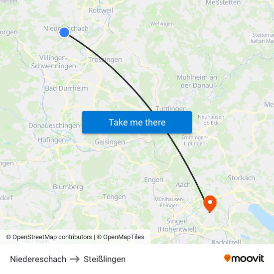 Niedereschach to Steißlingen map