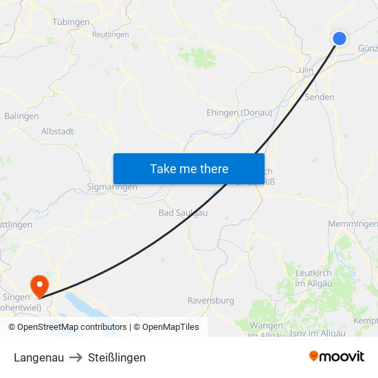 Langenau to Steißlingen map