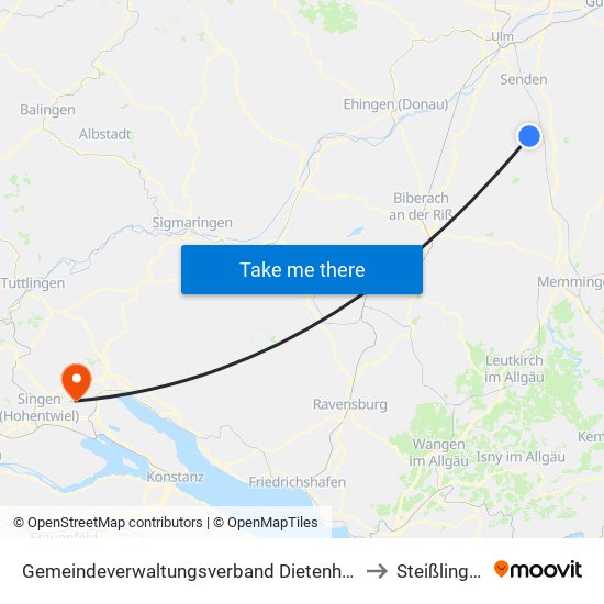 Gemeindeverwaltungsverband Dietenheim to Steißlingen map