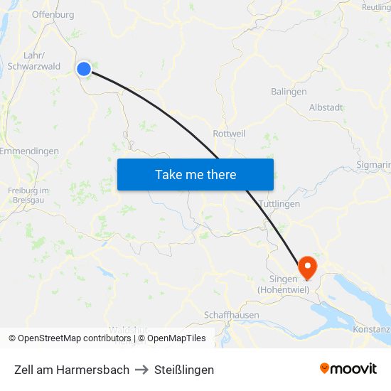Zell am Harmersbach to Steißlingen map