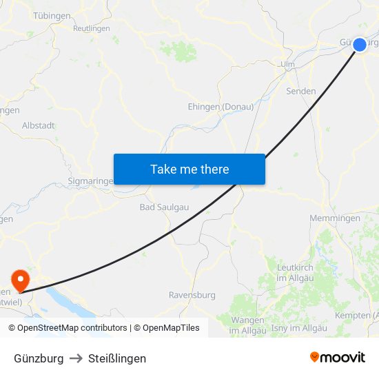 Günzburg to Steißlingen map