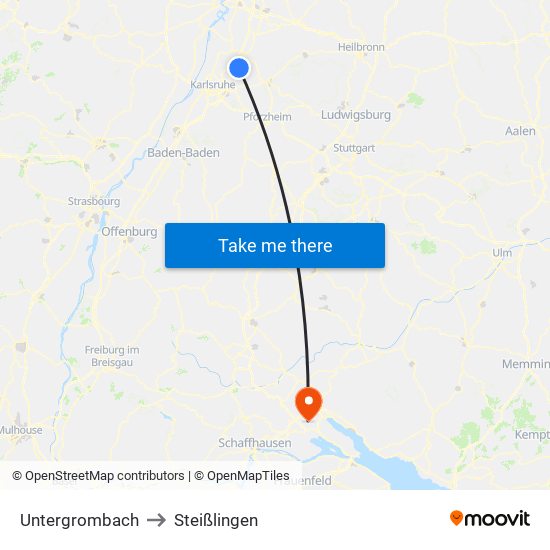 Untergrombach to Steißlingen map