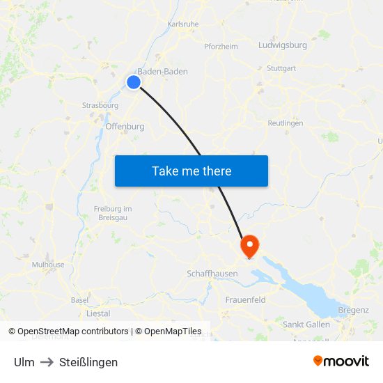 Ulm to Steißlingen map