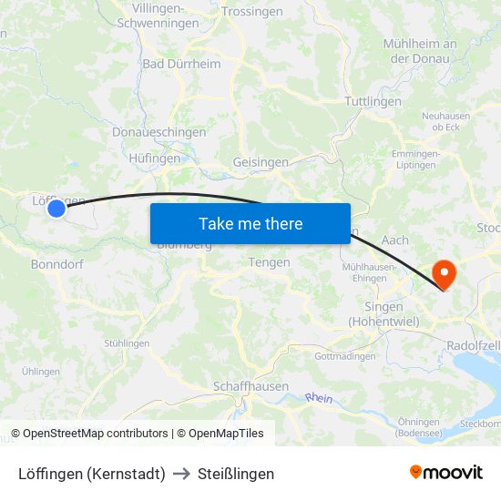 Löffingen (Kernstadt) to Steißlingen map