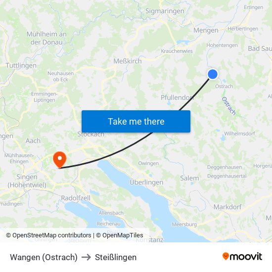 Wangen (Ostrach) to Steißlingen map