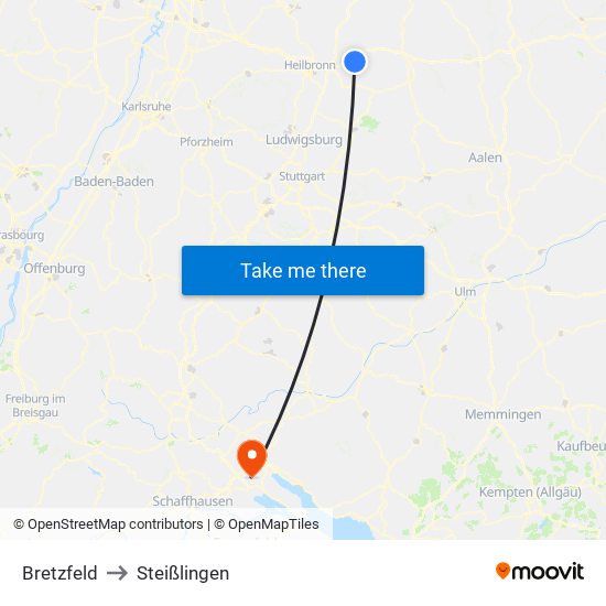Bretzfeld to Steißlingen map