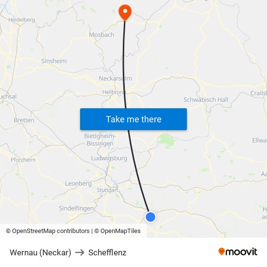 Wernau (Neckar) to Schefflenz map