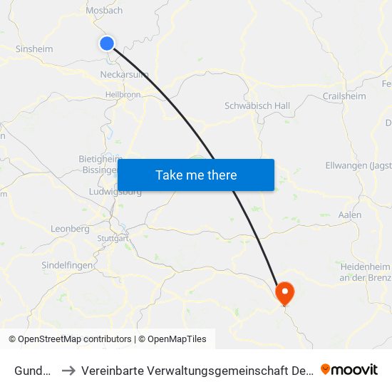 Gundelsheim to Vereinbarte Verwaltungsgemeinschaft Der Stadt Geislingen An Der Steige map