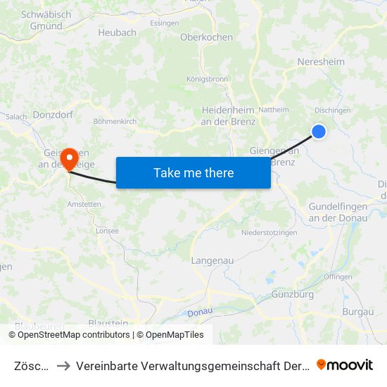 Zöschingen to Vereinbarte Verwaltungsgemeinschaft Der Stadt Geislingen An Der Steige map