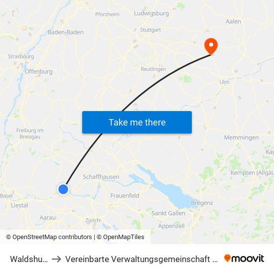 Waldshut-Tiengen to Vereinbarte Verwaltungsgemeinschaft Der Stadt Geislingen An Der Steige map