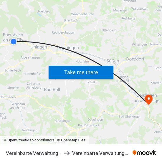 Vereinbarte Verwaltungsgemeinschaft Der Stadt Ebersbach An Der Fils to Vereinbarte Verwaltungsgemeinschaft Der Stadt Geislingen An Der Steige map