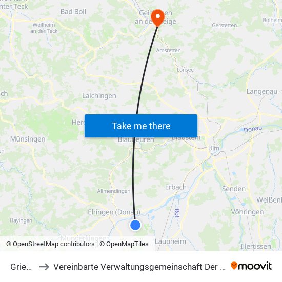 Griesingen to Vereinbarte Verwaltungsgemeinschaft Der Stadt Geislingen An Der Steige map