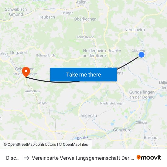 Dischingen to Vereinbarte Verwaltungsgemeinschaft Der Stadt Geislingen An Der Steige map