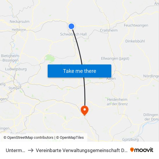 Untermünkheim to Vereinbarte Verwaltungsgemeinschaft Der Stadt Geislingen An Der Steige map