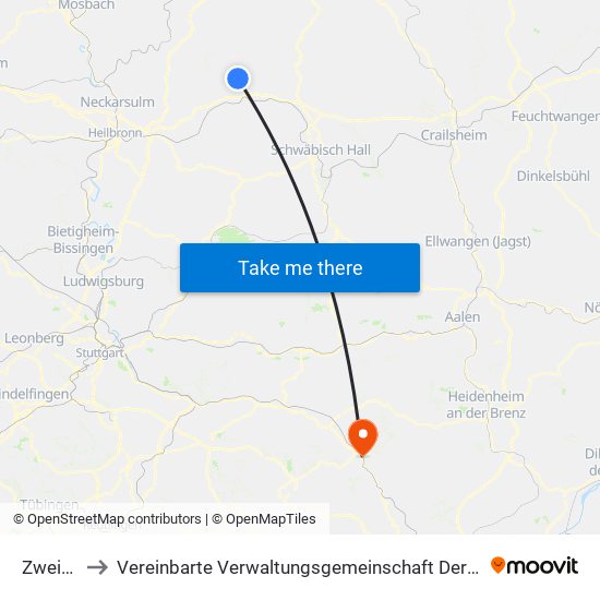 Zweiflingen to Vereinbarte Verwaltungsgemeinschaft Der Stadt Geislingen An Der Steige map