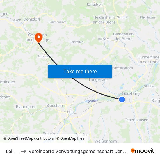 Leipheim to Vereinbarte Verwaltungsgemeinschaft Der Stadt Geislingen An Der Steige map