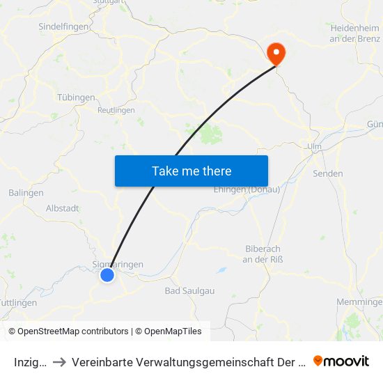 Inzigkofen to Vereinbarte Verwaltungsgemeinschaft Der Stadt Geislingen An Der Steige map