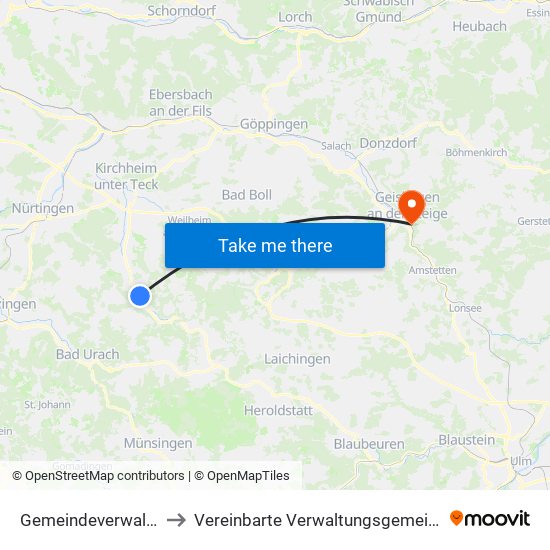 Gemeindeverwaltungsverband Lenningen to Vereinbarte Verwaltungsgemeinschaft Der Stadt Geislingen An Der Steige map