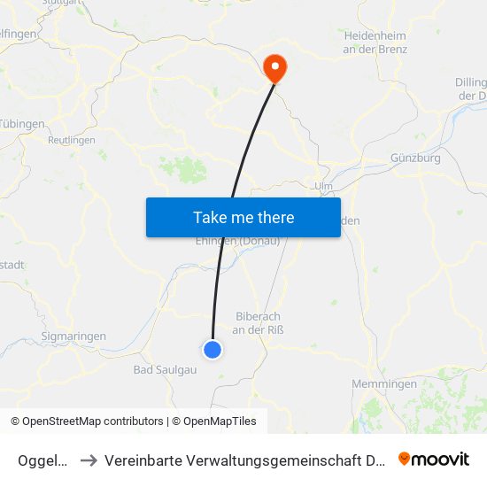Oggelshausen to Vereinbarte Verwaltungsgemeinschaft Der Stadt Geislingen An Der Steige map