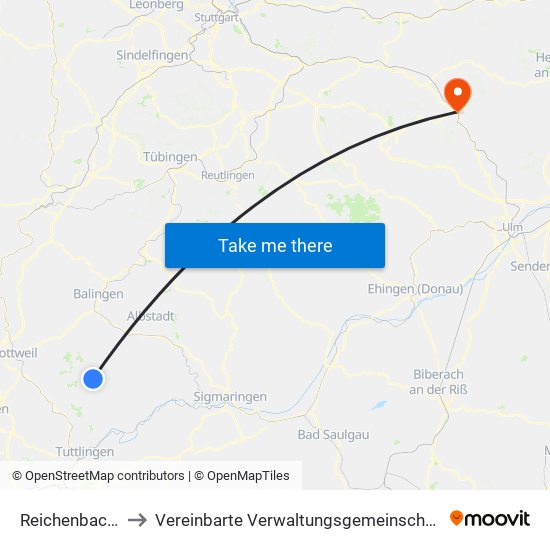 Reichenbach am Heuberg to Vereinbarte Verwaltungsgemeinschaft Der Stadt Geislingen An Der Steige map