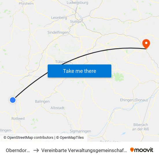 Oberndorf am Neckar to Vereinbarte Verwaltungsgemeinschaft Der Stadt Geislingen An Der Steige map