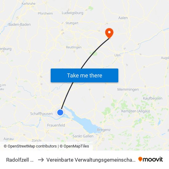 Radolfzell am Bodensee to Vereinbarte Verwaltungsgemeinschaft Der Stadt Geislingen An Der Steige map