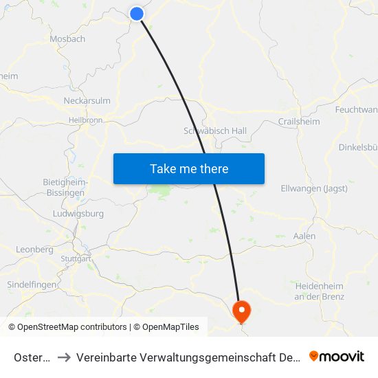 Osterburken to Vereinbarte Verwaltungsgemeinschaft Der Stadt Geislingen An Der Steige map