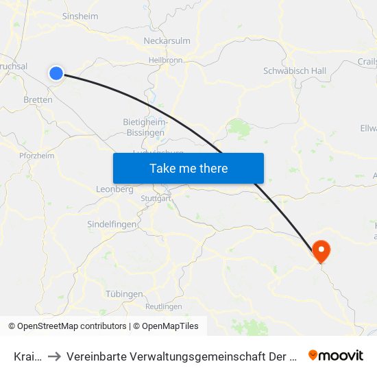 Kraichtal to Vereinbarte Verwaltungsgemeinschaft Der Stadt Geislingen An Der Steige map