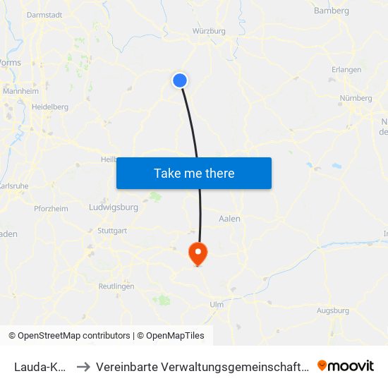 Lauda-Königshofen to Vereinbarte Verwaltungsgemeinschaft Der Stadt Geislingen An Der Steige map