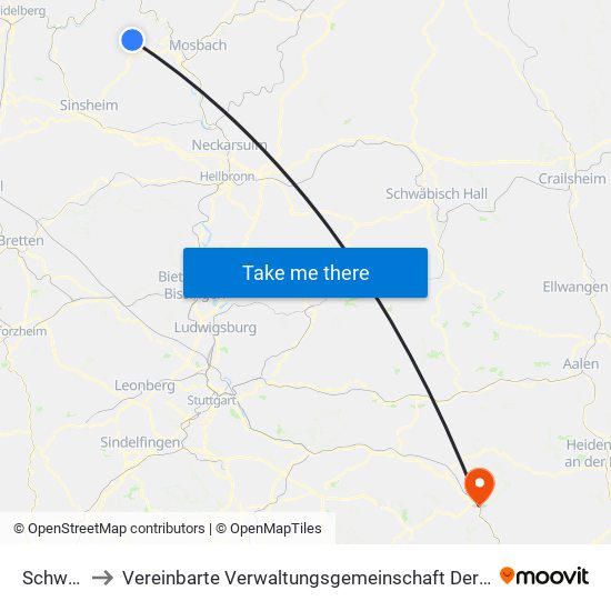 Schwarzach to Vereinbarte Verwaltungsgemeinschaft Der Stadt Geislingen An Der Steige map