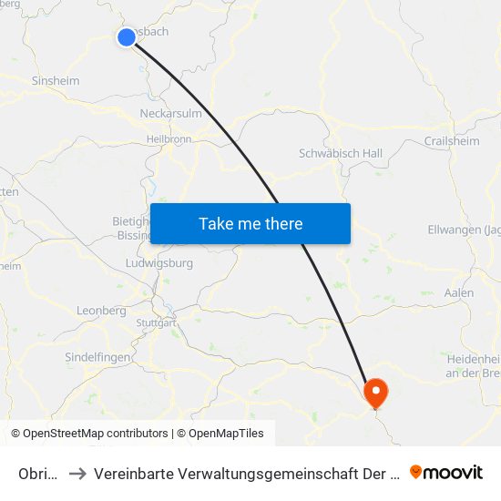 Obrigheim to Vereinbarte Verwaltungsgemeinschaft Der Stadt Geislingen An Der Steige map